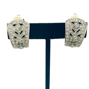 Vintage Silver Tone Rhinestone Art Deco Clip on Earrings